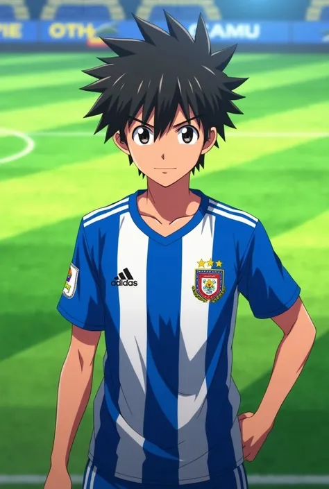 an anime photo of the character Yoichi Isagi wearing the shirt of the Paraguayan national team of Olympia