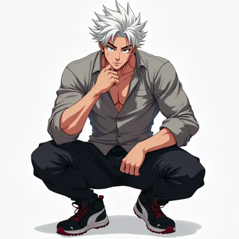 A 16-year-old boy with white hair with white eyes wearing a long sleeve shirt with black puma sneakers with black pants with a muscular anime style body