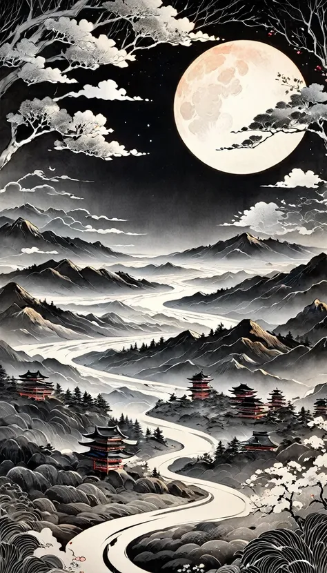 monochrome, pencil drawing, sumi-e, ink painting, Ukiyo-e, Japanese painting, woodblock print, fusion of watercolors and oil paintings, fusion of paper cutting and shadow puppetry, huge red full moon, space, cosmic rays, landscape images and effects from t...