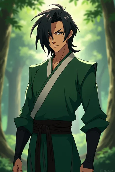  animation style Avatar : The Legend of Aang.  A tall and very handsome man ,  measures 185 cm , 20 years old,  with slanted black eyes ,  shoulder-length black hair ,  has a scar on his eyes ,  wears traditional Chinese clothing in green with white with b...