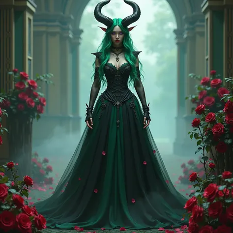 MALE man character with long green hair, purple eyes, glasses, in a goth dress, wedding day, demon horns, full body and roses, 