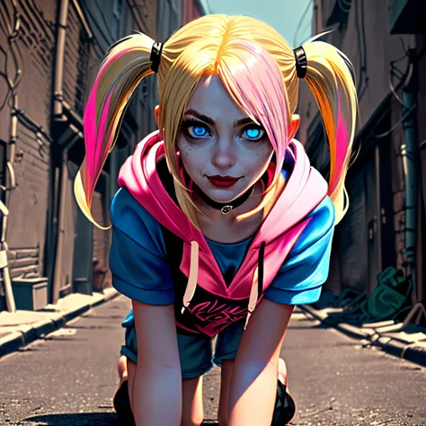 (detailed eyes:1.3), Beautiful Lighting, (1girl:blue eyes, blonde hair, long hair, hair intakes, twintails, blue and pink highlights, (hair between eyes:1.1)), photo realistic, (outdoors, alley:1.3), (hoodie:1.3), black choker, short sleeves, dynamic angle...