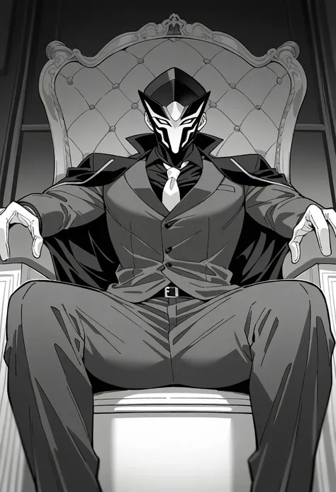 mange style,masterpiece,best quality,good quality,newest,newest,general,cinematic angle,monochrome,BREAK  Dark Hero,solo,mask of Question,mens suits,sitting on royal chair,BREAK association room,detailed background