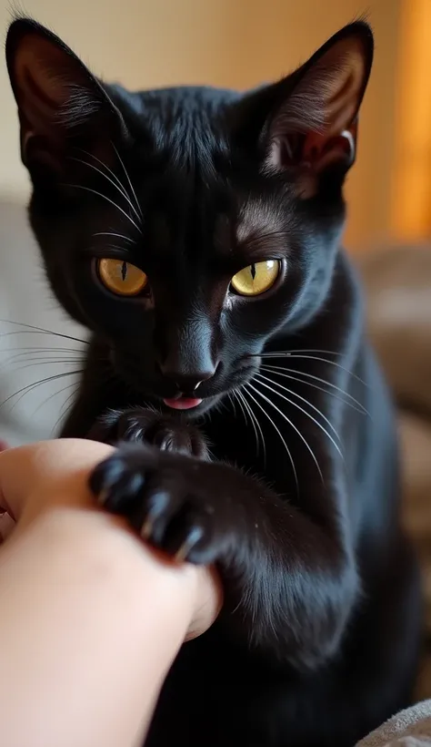 A sleek black cat playfully biting a human arm, its sharp claws gently gripping the arm while its bright, curious eyes focus intently on the action. The background is softly blurred, with warm indoor lighting highlighting the cats glossy fur.