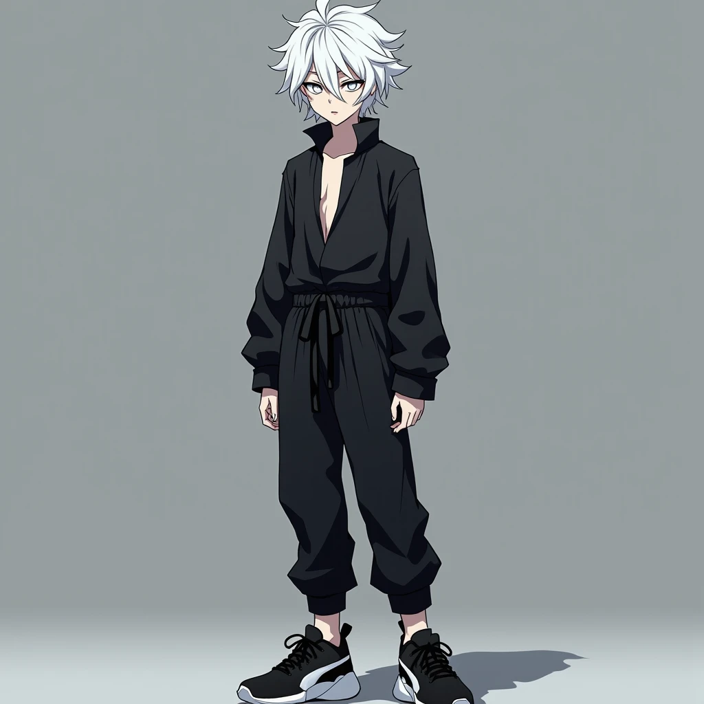 A 16-year-old white-haired boy with white eyes wearing a long-sleeved shirt tied without a coat with black puma sneakers with anime-style black pants