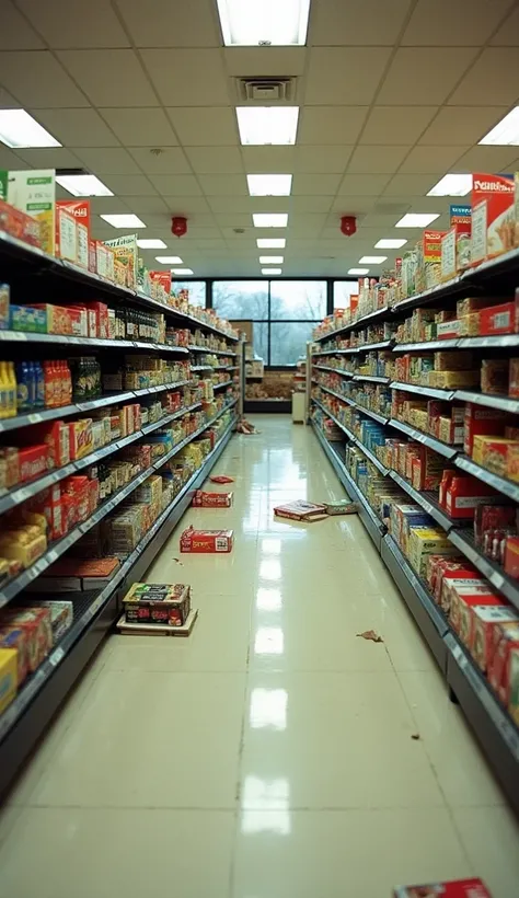 " An empty grocery store , with products out of place ,  like a fallen cereal box or an open drink on the counter.  The environment is disconcerting and cluttered ,  as if someone had left everything halfway ."