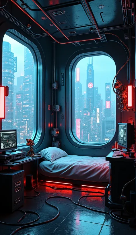 Create a futuristic cyberpunk-style bedroom 