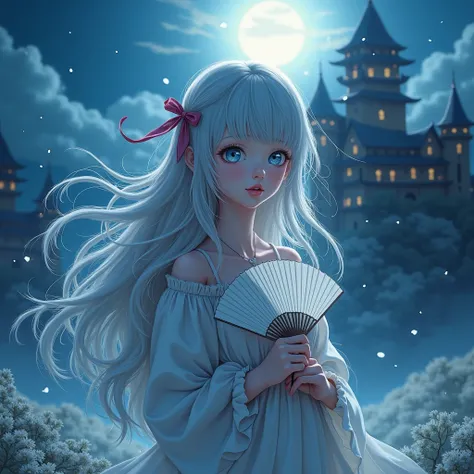 (masterpiece),  best quality,  super detailed, Illustration, Cold lighting, evening,  bright color ,  1 girl, alone,(  beautiful girl with a fan , Long Hair,  blue eyes, ribbon,  silver hair,  hair between eyes, hair ribbon,  side lock, very Long Hair,  me...