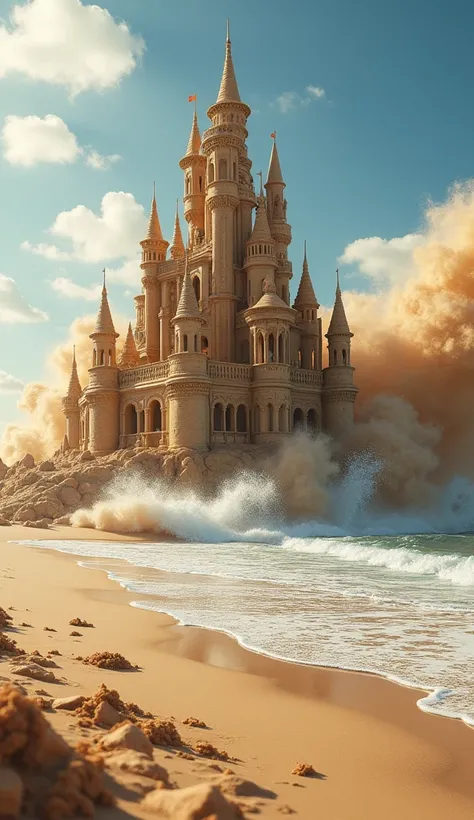 Make an ultra-realistic image depicting a sandcastle being destroyed by water and wind