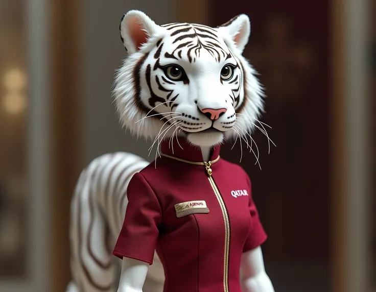 advertising doll of a white tigress in the uniform of a Qatar Airways flight attendant