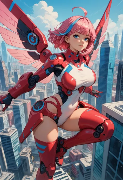 Pink hair, blue streaked hair, medium hair, ahoge, blue eyes, [large breasts], futuristic city, [[reddish pink native american clothes]], giant dark red mechanical wings, anime