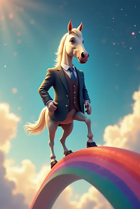  create an image of a horse in a suit, sailing on top of a rainbow 