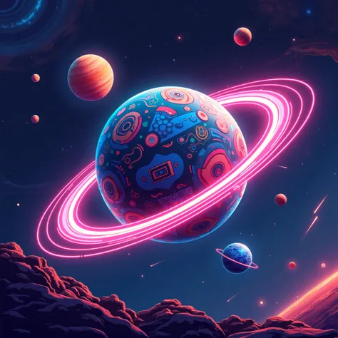 Colorful bright 3d planet with glowing neon rings. Abstract solar system with planets and stars in orbit. Meteorite and comet. Space futuristic creative design. Vector illustration