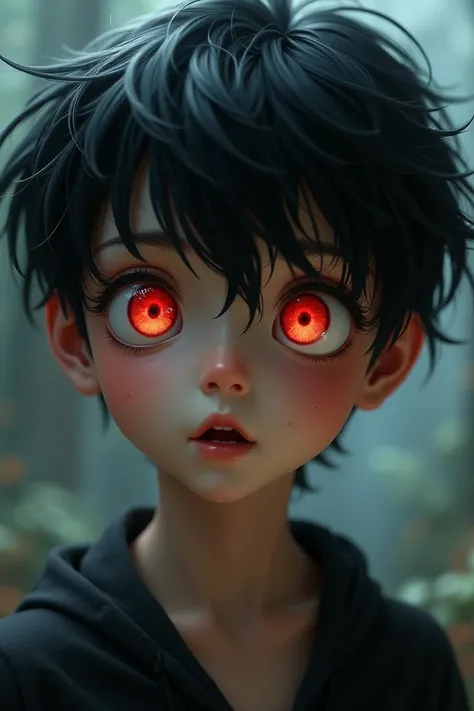 Black-haired boy with red eyes looking in astonished mind