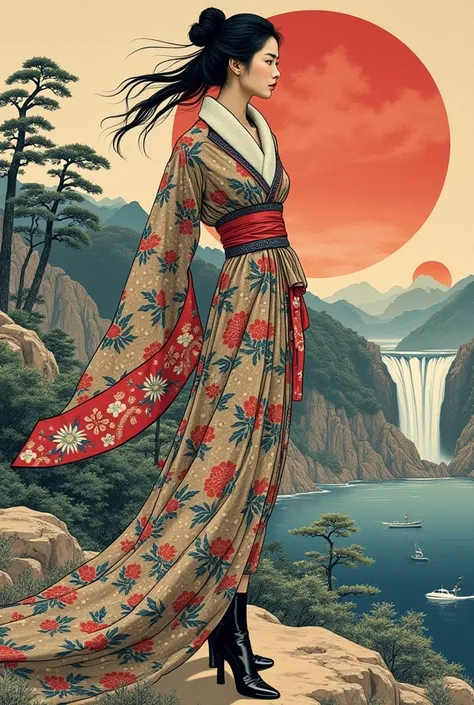 Fashion collage inspired by Hokusai&#39;s Amida waterfall
