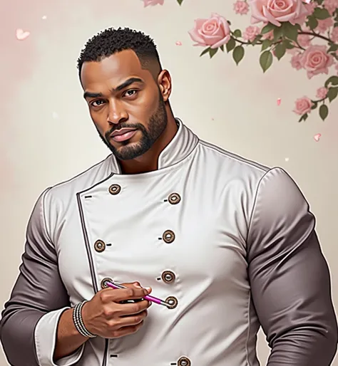 Muscular chef Andre Rush in an elegant suit holding a pink pen with a pink background