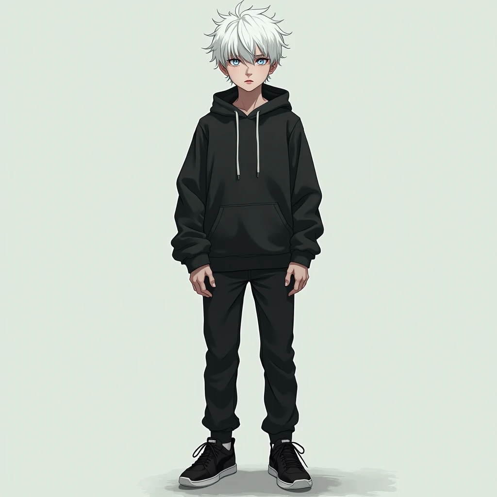 A 16-year-old white-haired boy with white eyes tied without a coat with black puma sneakers with anime-style black pants