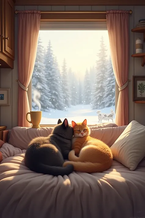 A mobile home where the cat and dog sleep together and see the snowfall from the window