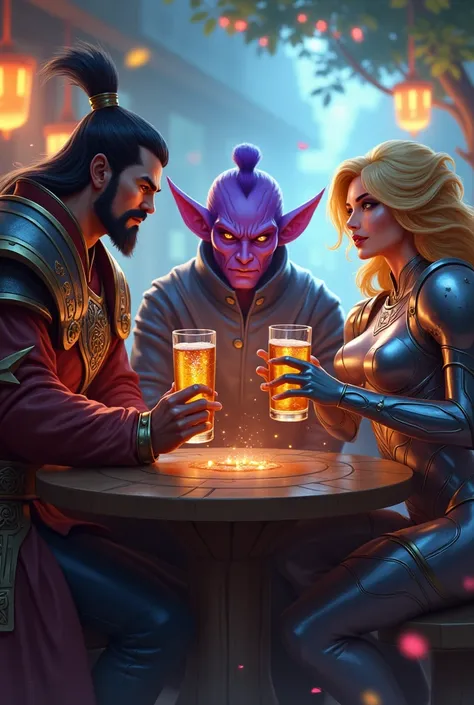 League of legends, xin zhao(Chinese), Dr. World( mutant purple human, with hair, Suit) And Lux (blonde, Armor)  drinking beer 