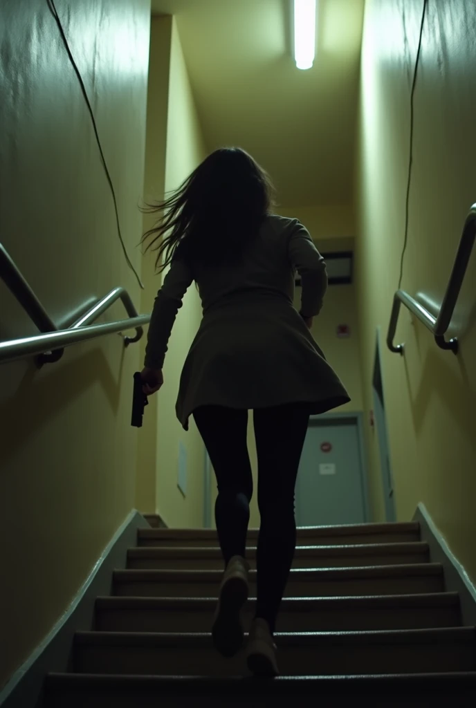 angle down:  Larissa running down the stairs of the building , pounding jump .  The camera follows fast ,  through tight doors and corridors .  Close-up on her hand taking the gun out of her bag.