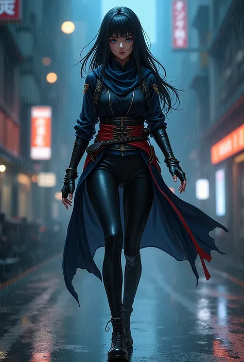 20-year-old anime girl with black hair with black eyes, an athletic figure in a black and dark blue Assassins Creed costume, walking through empty streets with a small smile while it rains at night illuminated by city lights 