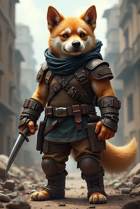 I created a male puppy in mercenary clothing with a knife in his hand preparing for war 