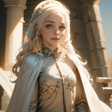 ((ultra detailed, masterpiece, absurdres))
 gotdaenerys, 1girl, white hair, long hair, portrait, gold eyes, smirk, confident, lo...