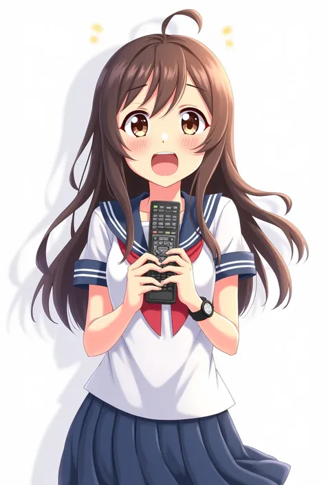 Anime girl in high school uniform image and with a watch on her wrist arm with a television remote control white background and full body with emotion of joy and embracing the TV control 

And Presenting control with joy and nervousness on the cheek withou...