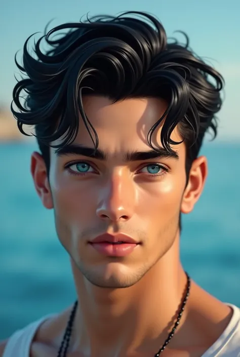 Faris is a handsome boy with black hair, fair skin and blue eyes 
He has no beard and does not wear jewelry like the blue ocean is twentysomething 