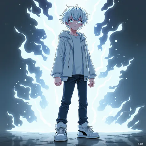 A 16-year-old white-haired boy with white eyes tied without a coat with black puma sneakers with black jeans with a white aura coming out of him, anime style 