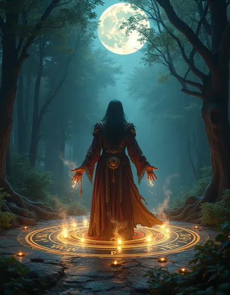 Ancient medieval shaman performs his spells in the alchemy circle in the middle of the forest, at midnight, moon light iluminates the forest