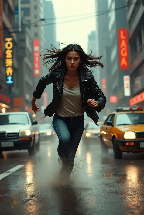  bass angle: Larissa runs through the busy streets of Nilópolis .  The camera follows her frantic race as she dodges cars and people,  The tension increases .