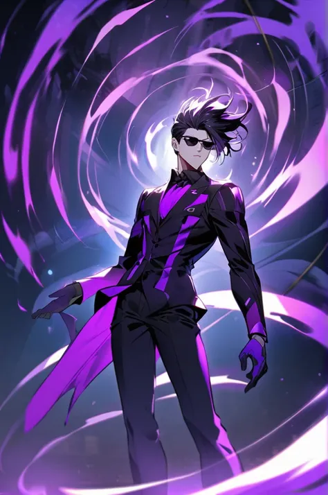 Create a man with black eyes and hair with shades of purple with gravity powers 