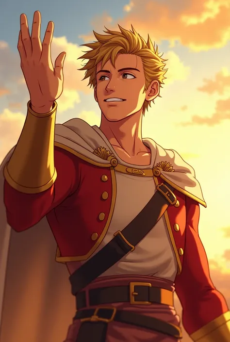 Escanor calmly raising his hand, a confident smile on his face, sunlight radiating from him