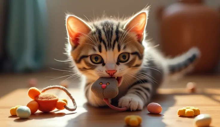 photo. A cat with a mischievous expression ,  vigorously chewing on a toy mouse .  There are toys and treats scattered around,  toys scattered around, emphasizing his playful character .