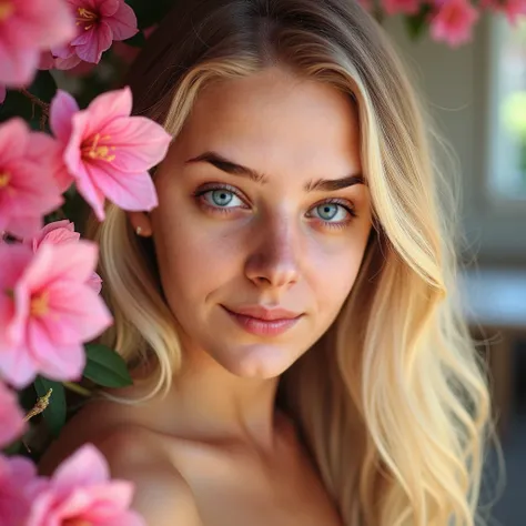 take a bright photo using a face with an image, blond long hair, like a photo shoot, bright shades, bright design, pink flowers, a girl looking at the camera, full face, green eyes, symmetrical face, a little makeup