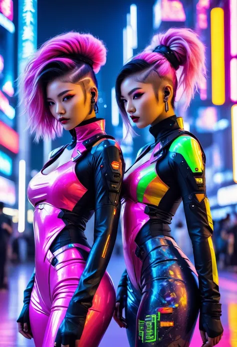 masterpiece,  highest quality ,  Two confident cyberpunk girls , Harajuku Cyberpunk costume ,  bold colors and patterns , flashy accessories , Modern and innovative hairstyles, vibrant makeup,  Dazzling cyberpunk urban setting , skyscraper, neon signs, LED...