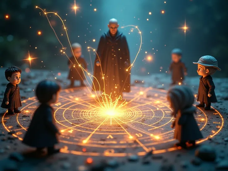 A mystical, glowing astral map materializes in mid-air, radiating an ethereal light as vibrant, ethereal connections bridge the wizarding worlds most iconic figures - the Dark Lord Voldemort, his path illuminated by a tapestry of bright, swirling lines. Am...