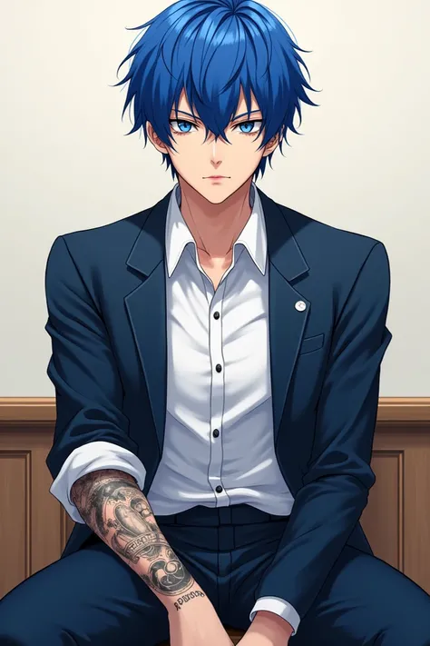 Anime Blue Haired Man Sitting In Japanese School Dress With Smoking Tattoo