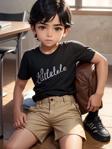 a young ilttle 8-yr old latin boy, black hair, brown skin, Shorts pants, student outfit