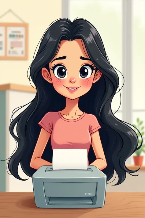 Cute cartoon of black-eyed woman with long black hair holding printer and smiling.