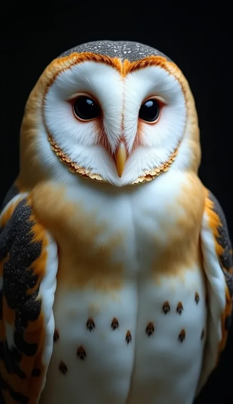  Zoom on the owls eyes with the following characteristics :  Its flat and white face forms a unique heart-shaped design ,  that helps channel sound to the ears ,  making her an excellent hunter .
 Unlike many owls with yellow or orange eyes ,  the tower ow...