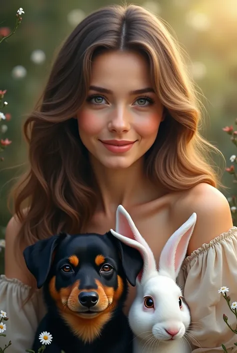 Create a beautiful woman with long wavy hair and two little dogs, a black pinscher and a black and yellow jack russel and a white rabbit 