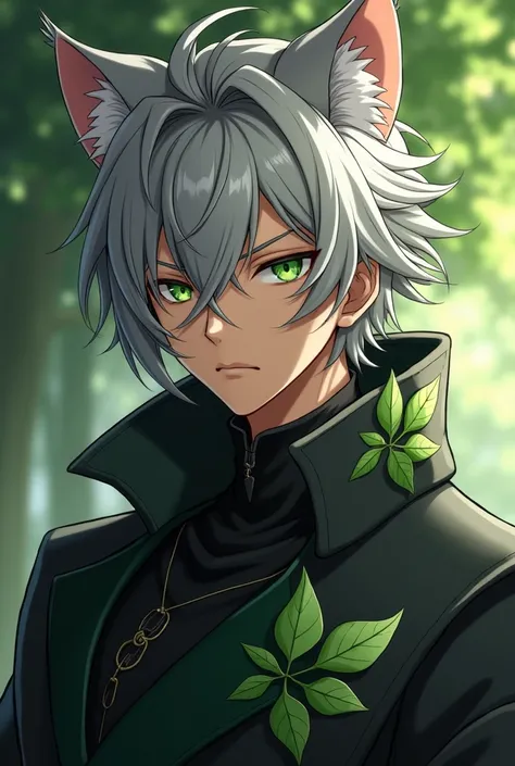 Realistic anime-style 4k quality image ,  where there is a handsome 23-year-old man , Half human and half feline with cat ears , He has dark brown skin ,  gray hair and long , eyes in the color green .  This same man has a serious and calm face , And a cri...