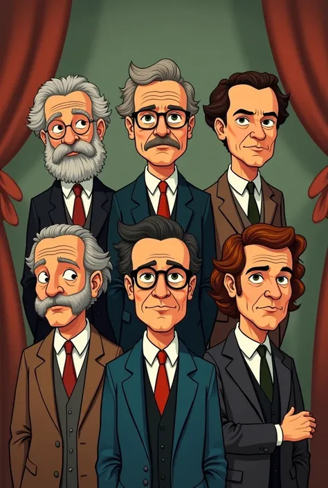 Karl Marx, Max Weber,  talcott Parsons , Anthony Giddens ,  Pierre Bourdieu , Michel Foucault and Durkheim in an old cartoon and as if it were a serious movie poster