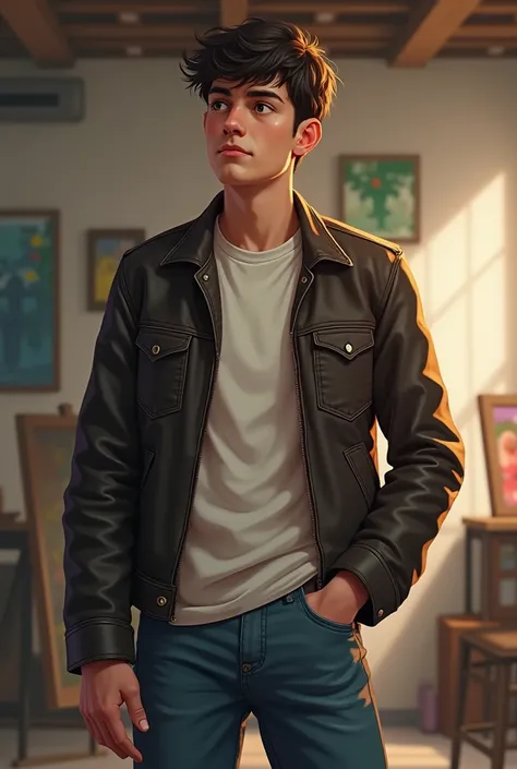 Tall young shy guy in jeans,  t-shirt and leather jacket,  art