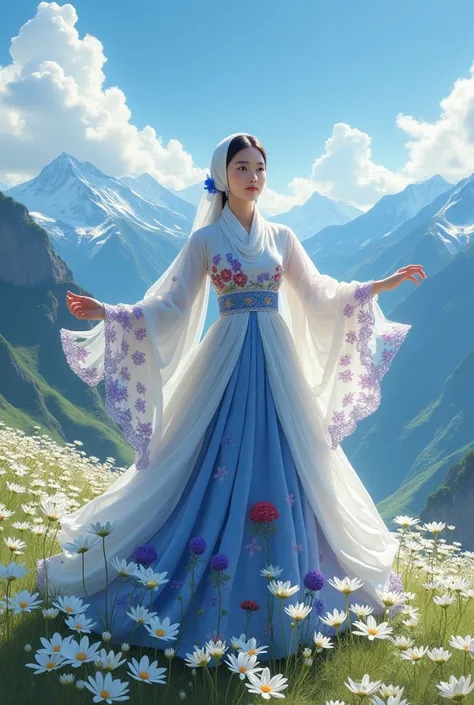  A beautiful and graceful young Korean woman ,  wears a hijab and dress like a royal princess . His dress is white and blue with an intricate design , layered ,  and decorated with a vivid edelweiss flower texture that exudes purple , red, and green. He wa...