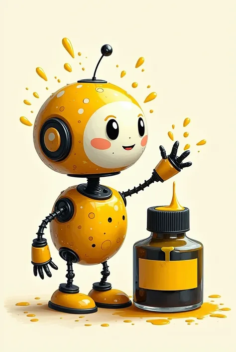 create an image with a super cute little robot dotted with mustard ink and a bottle of printer ink