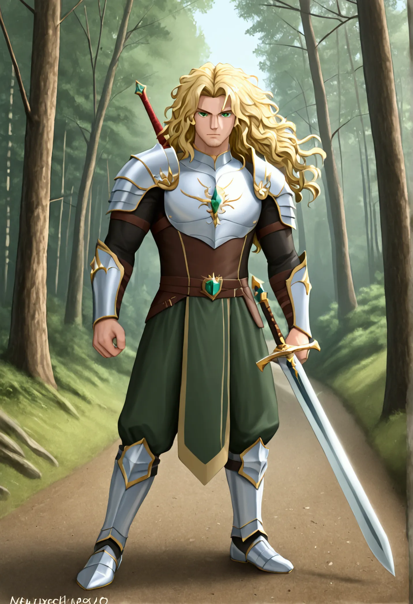 human swordsman, male, masculine face, stubble, half dragon in human form, muscular, 30 year old, blonde hair color, shoulder le...