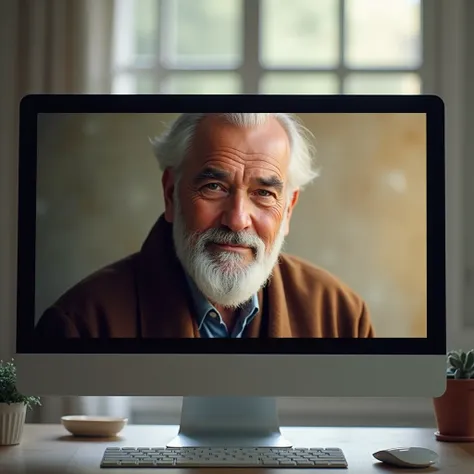   A computer monitor screen , on this screen ,  an image of a page with a picture of a man,  leader of a spiritual retreat .  tall details,  best quality,  masterpiece , 